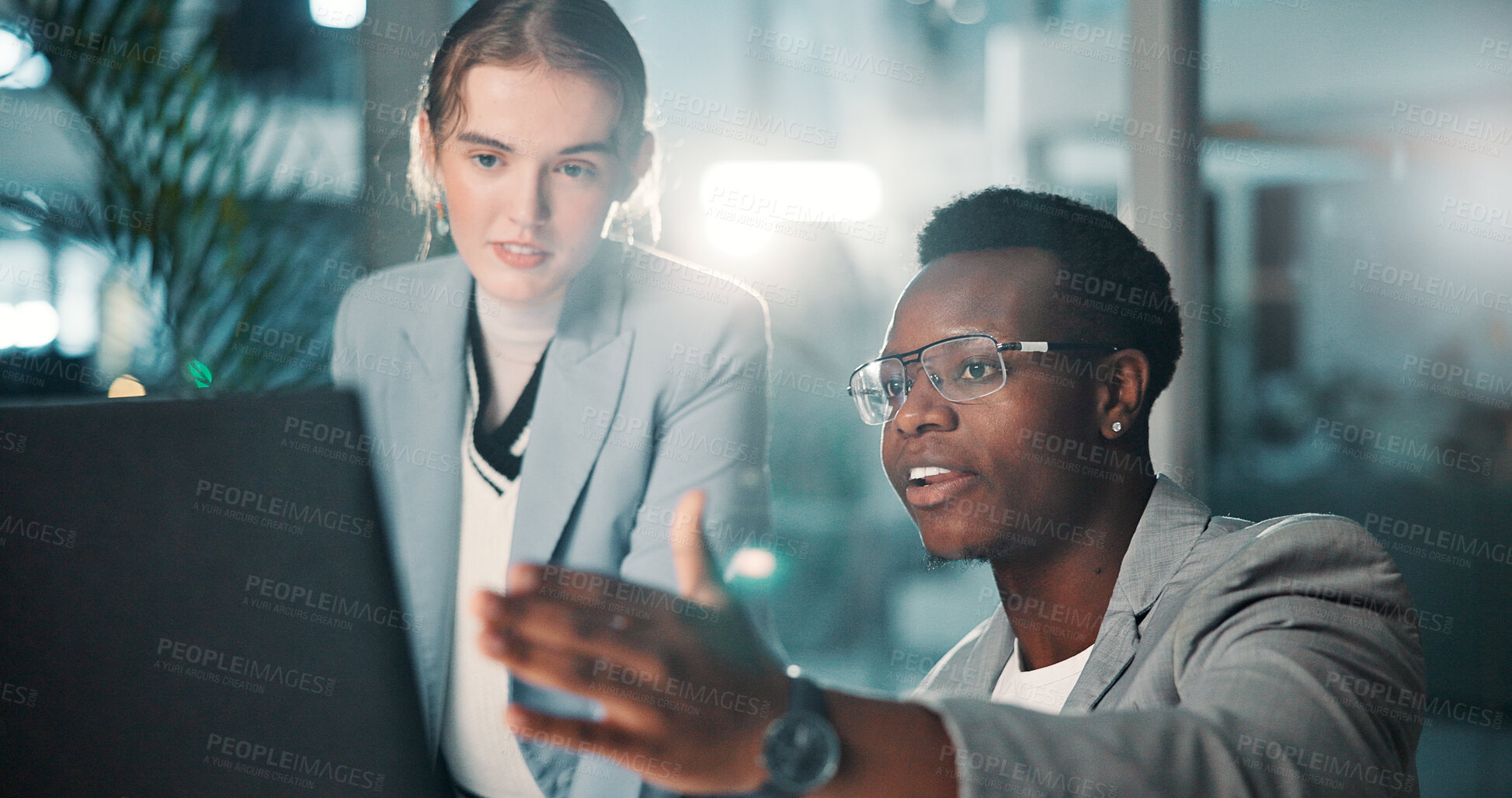 Buy stock photo Business people, computer and team training at night for deadline, help and accounting feedback. Meeting, intern and coaching with mentor in office for financial bookkeeping, teaching and learning