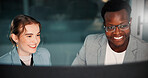 Business people, computer or happy team brainstorming at night for project deadline, insurance or risk management. Meeting, planning or discussion in office for financial coverage, policy or research