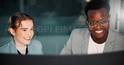 Buy stock photo Business people, computer or happy team brainstorming at night for project deadline, insurance or risk management. Meeting, planning or discussion in office for financial coverage, policy or research