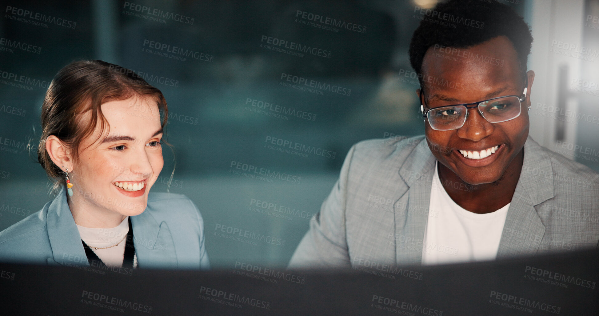 Buy stock photo Business people, computer or happy team brainstorming at night for project deadline, insurance or risk management. Meeting, planning or discussion in office for financial coverage, policy or research