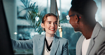 Buy stock photo Business people, computer and team with idea at night for project deadline, insurance or risk management. Meeting, planning and discussion in office for financial coverage, policy or conversation