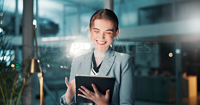 Buy stock photo Night, happy or business woman with tablet, review and news for research and funding approval. Bookkeeping, auditor or financial advisor with smile in office for accounting deadline and late overtime