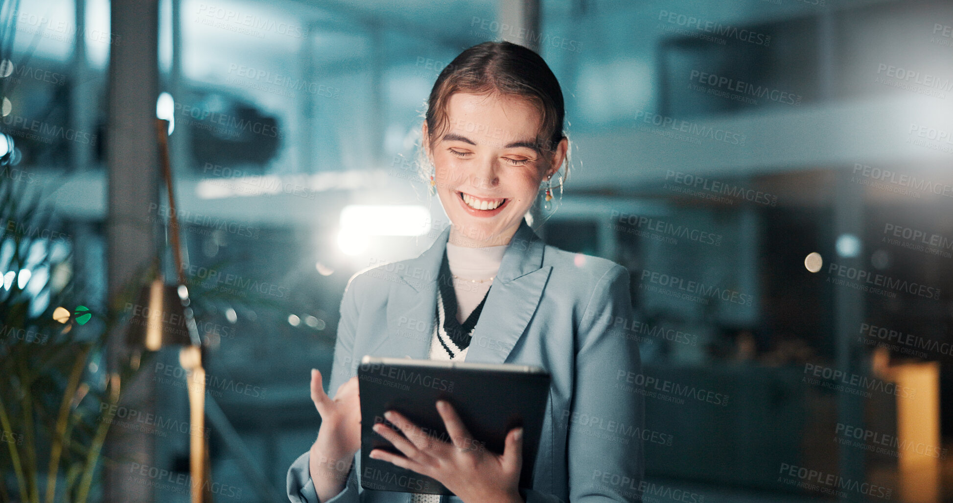 Buy stock photo Night, happy or business woman with tablet, review and news for research and funding approval. Bookkeeping, auditor or financial advisor with smile in office for accounting deadline and late overtime