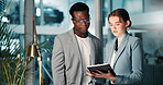 Business people, tablet and team discussion at night for deadline, progress update or project management. Meeting, planning and brainstorming with tech in office for budget, schedule or development