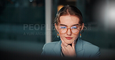 Buy stock photo Glasses, thinking or businesswoman with computer, review or news for deadline or funding solution. Bookkeeping, ideas or financial advisor on technology in night for accounting research or overtime