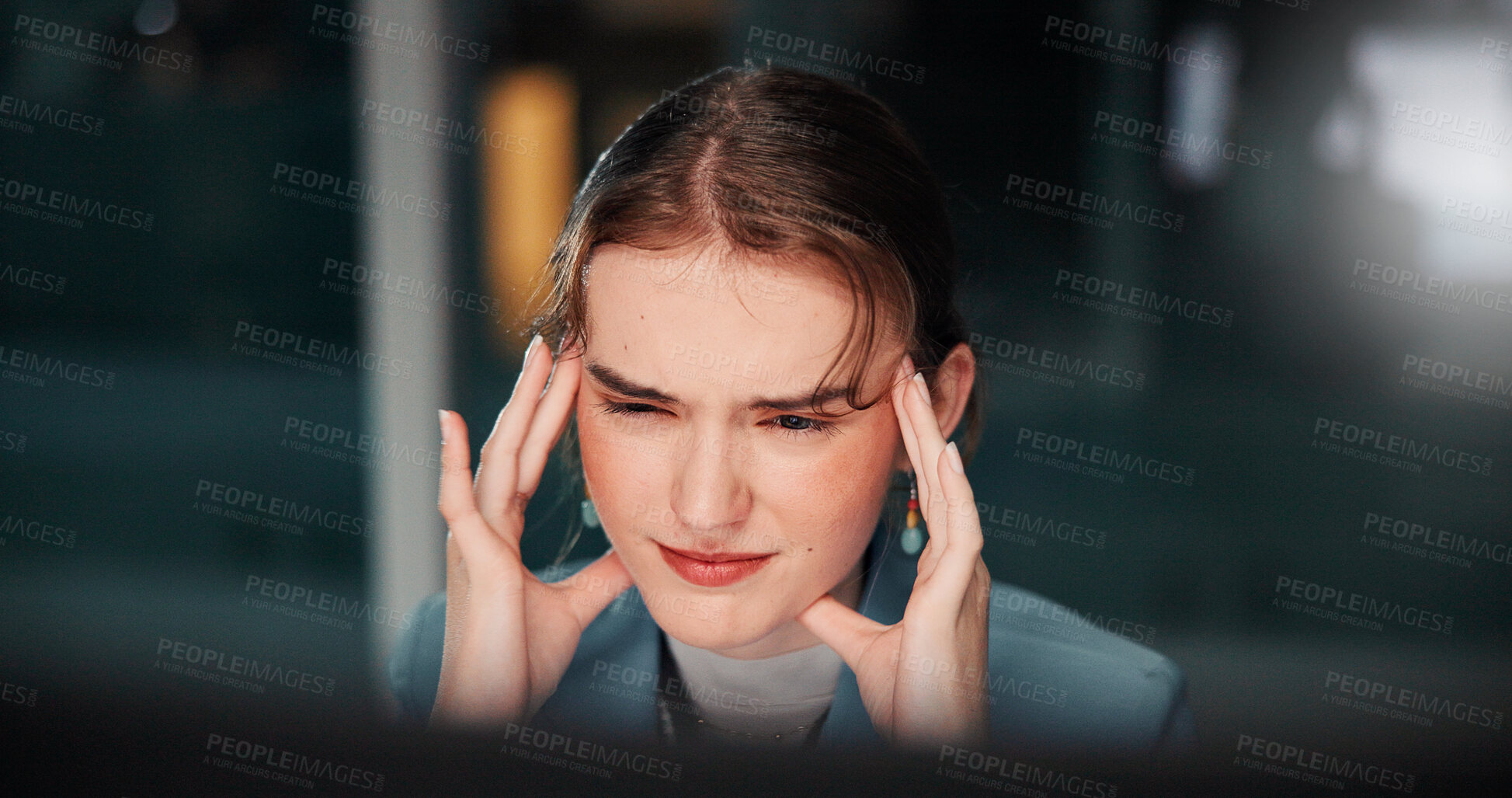 Buy stock photo Night, stress and woman with headache, office and thinking of deadline for task, accountant and workaholic. Worry, employee and person with anxiety for project, migraine and working late in business