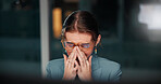 Woman, headache and glasses at night, office and stress with overtime, burnout and eye fatigue. Person, pain and tired with deadline, pressure and brain fog for working late at insurance agency