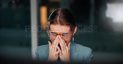 Buy stock photo Woman, headache and glasses at night, office and stress with overtime, burnout and eye fatigue. Person, pain and tired with deadline, pressure and brain fog for working late at insurance agency