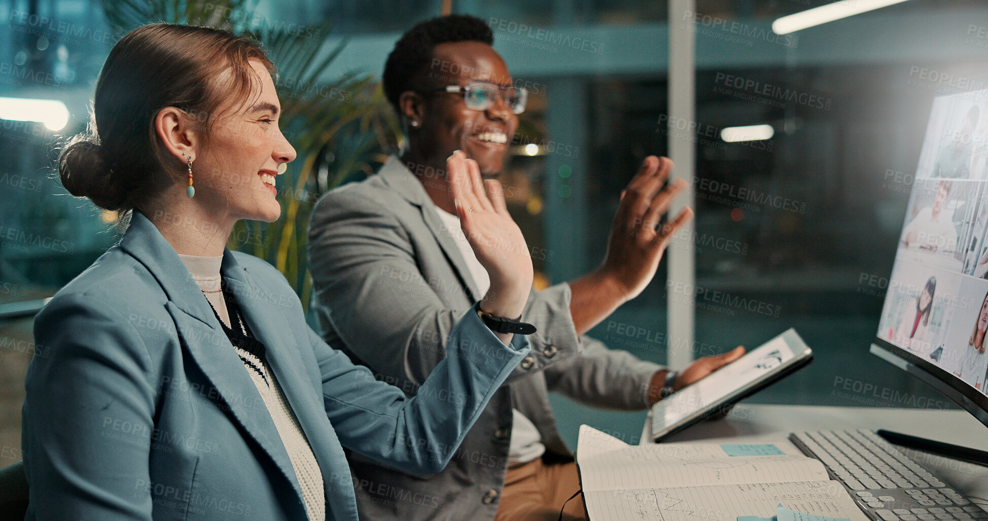 Buy stock photo Video call, office and business people on computer wave for talking, online webinar and virtual meeting at night. Corporate, working late and man and woman for discussion, communication and seminar