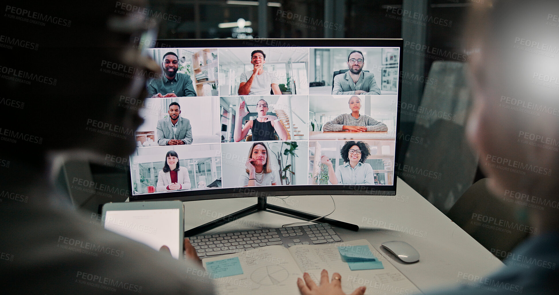 Buy stock photo Video call, office and business people on computer screen for discussion, online contact and late virtual meeting. Corporate, communication and back of team for webinar, talking and seminar at night