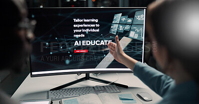 Buy stock photo Night, colleagues and pointing at computer screen, office and ai researcher with software and overtime. Futuristic, people and adaptive learning with tech, digital and skill development with app