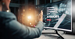 Night, employee and pointing at computer, office and ai researcher with software, screen and overtime. Futuristic, person and adaptive learning with tech, digital and skill development with app