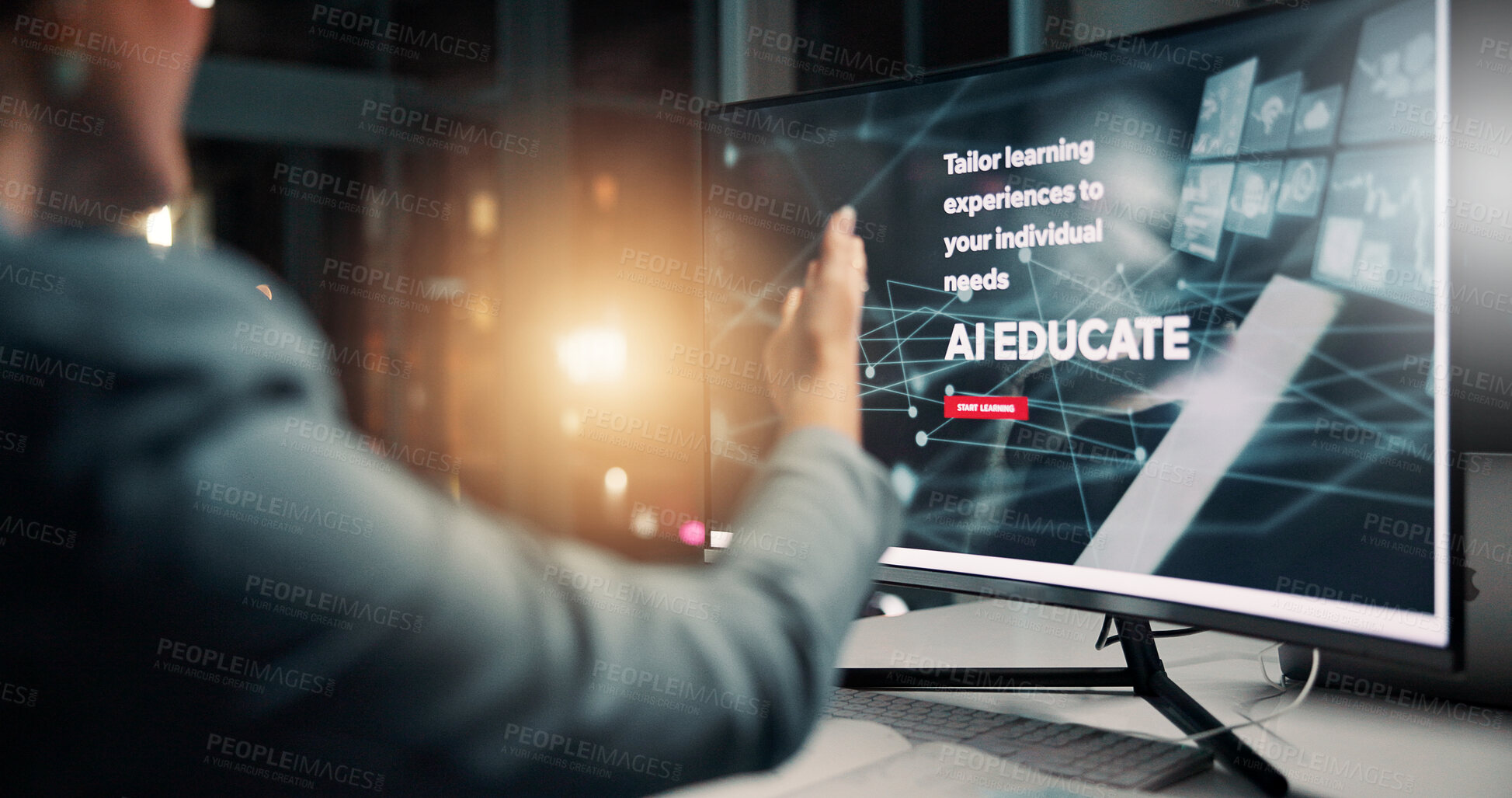 Buy stock photo Night, employee and pointing at computer screen, office and ai researcher with software, online and overtime. Futuristic, person and adaptive learning with tech, digital or skill development with app