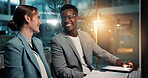 Business people, tablet and idea in meeting at night for deadline, progress update or project management. Happy team, planning or brainstorming with tech in office for budget, schedule or development