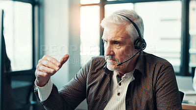 Buy stock photo Call center, mature man and talking with microphone for customer service, lead generation and online advice. Insurance agent, employee and headset for inbound query, policy support or explain product
