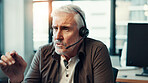 Customer service, mature man or talking with headset at call center for support, loan advice or FAQ. Technology, sales agent or microphone for inbound query, online assistance or insurance plan help