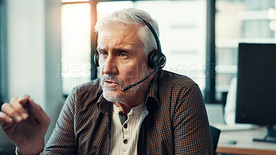 Buy stock photo Customer service, mature man or talking with headset at call center for support, loan advice or FAQ. Technology, sales agent or microphone for inbound query, online assistance or insurance plan help