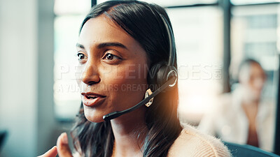 Buy stock photo Customer service, woman and talking with headset at call center for sales support, product advice or FAQ. Friendly agent, employee or microphone for inbound query, online assistance or insurance plan