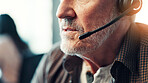 Customer service, man or mouth talking with headset at call center for support, loan advice or FAQ. Closeup, sales agent and microphone for inbound query, online assistance or insurance plan help