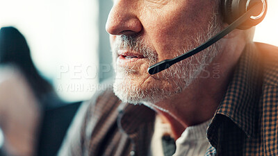 Buy stock photo Customer service, man or mouth talking with headset at call center for support, loan advice or FAQ. Closeup, sales agent and microphone for inbound query, online assistance or insurance plan help