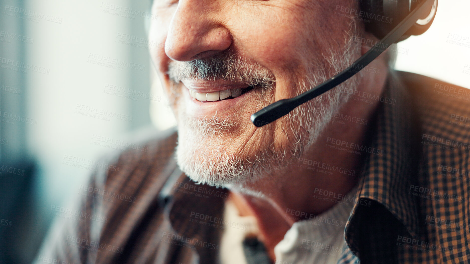 Buy stock photo Customer service, mature man or mouth with headset at call center for support, loan advice or FAQ. Closeup, happy sales agent and microphone for inbound query, online assistance or insurance plan