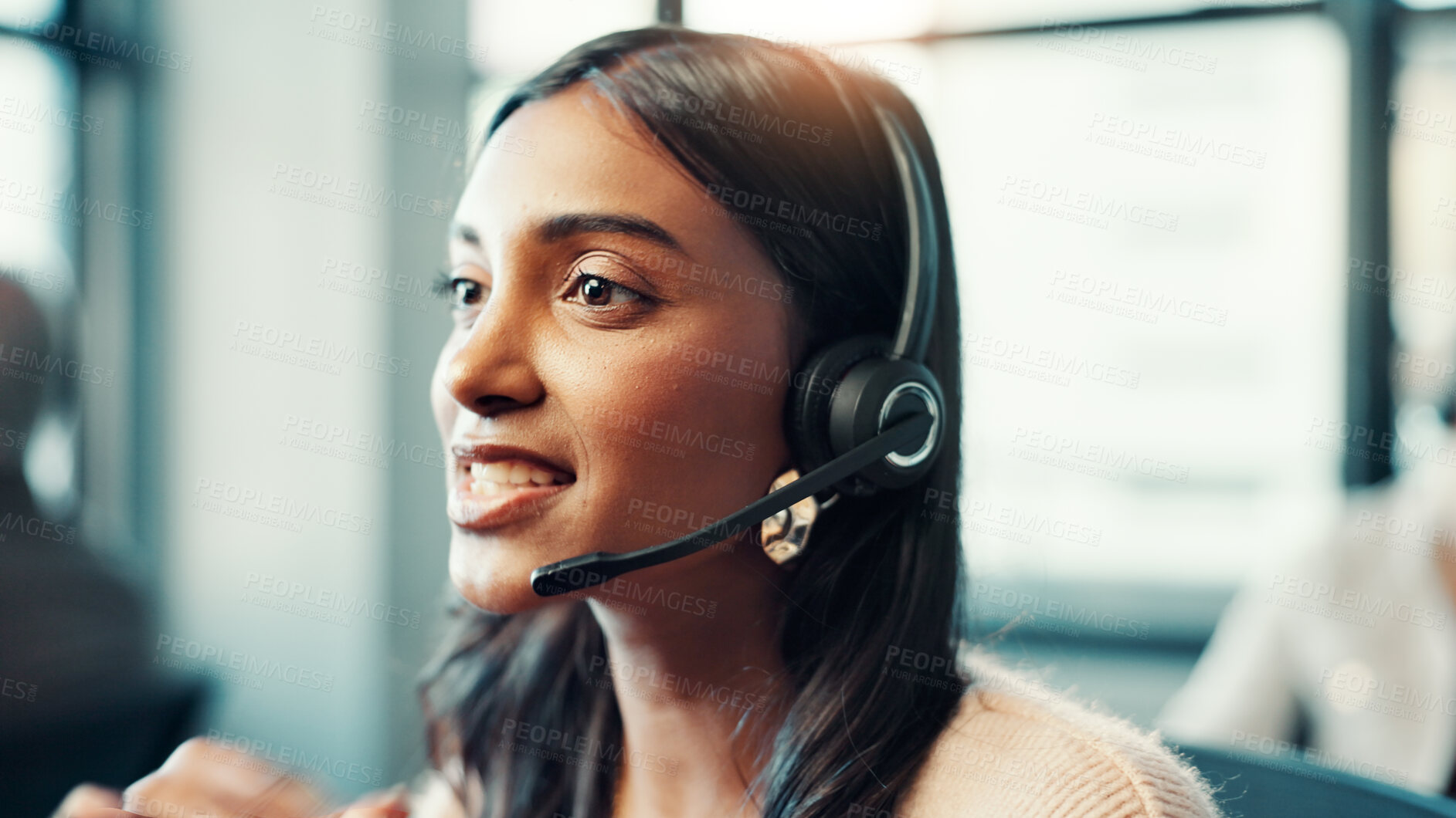 Buy stock photo Customer service, woman and talking with microphone at call center for product advice, lead generation and FAQ. Friendly agent, employee and headset for inbound query, online assistance or contact us
