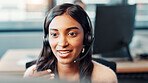 Computer, woman and talking with microphone at call center for technical support, online assistance or FAQ. Friendly agent, employee and headset for inbound query, customer service or troubleshooting