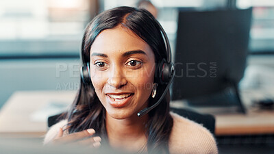 Buy stock photo Computer, woman and talking with microphone at call center for technical support, online assistance or FAQ. Friendly agent, employee and headset for inbound query, customer service or troubleshooting
