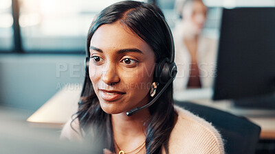 Buy stock photo Computer, woman and talking with headset at call center for technical support, virtual assistance and help desk. Consultant, person and microphone for inbound query, customer service or online advice
