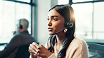 Telemarketing, woman and talking with microphone at call center for customer inquiry, product knowledge and FAQ. Consultant, employee and headset for online assistance, contact us or outbound calling