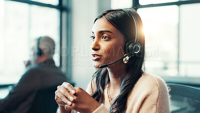 Buy stock photo Telemarketing, woman and talking with microphone at call center for customer inquiry, product knowledge and FAQ. Consultant, employee and headset for online assistance, contact us or outbound calling