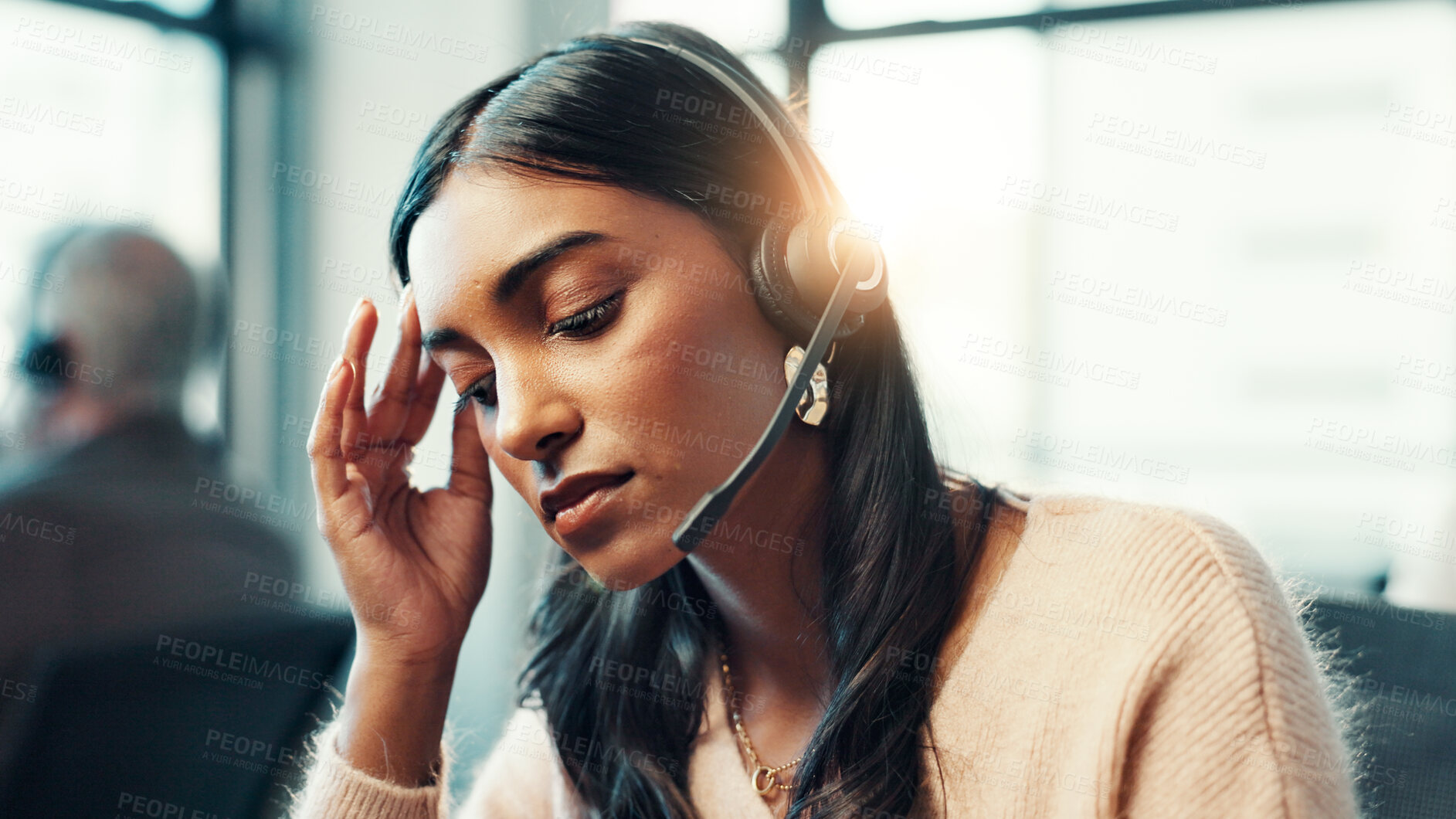 Buy stock photo Call center, headache and business woman with stress, fatigue and burnout with customer service complaint. Support agent, tired and consultant with migraine from overwork, mental health and brain fog
