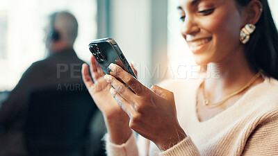 Buy stock photo Hands, phone and smile of business woman in call center for communication, feedback or text message. App, networking and social media with happy customer service representative in office for support
