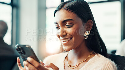 Buy stock photo Phone, typing and search with business woman in office for networking, deal closure and client feedback. Communication, smile and connection with person in agency for chat, notification and contact