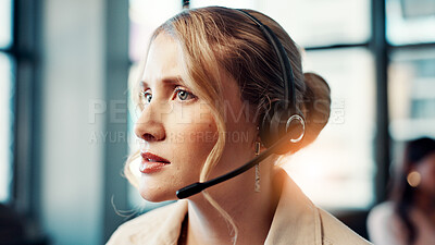 Buy stock photo Woman, call center and listen with headset in office for legal advisory services with professional insight at agency. Person, consultant and voip mic for contact us, law and support at help desk