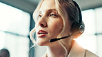 Woman, call center and contact with headset in office for legal advisory service with problem solving at agency. Person, consultant and voip mic with insight, law and help desk with customer support