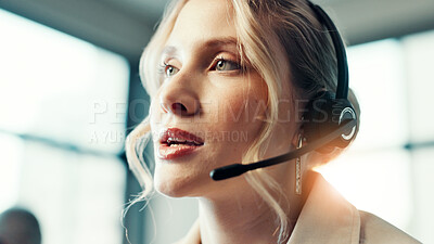 Buy stock photo Woman, call center and contact with headset in office for legal advisory service with problem solving at agency. Person, consultant and voip mic with insight, law and help desk with customer support