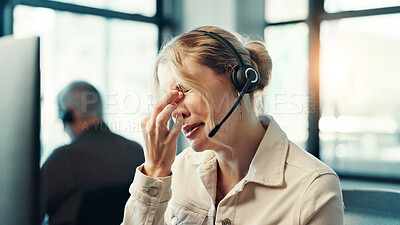Buy stock photo Call center, headache and business woman with pain, fatigue and burnout with customer service complaint. Support agent, tired and consultant with migraine from overwork, mental health and stress