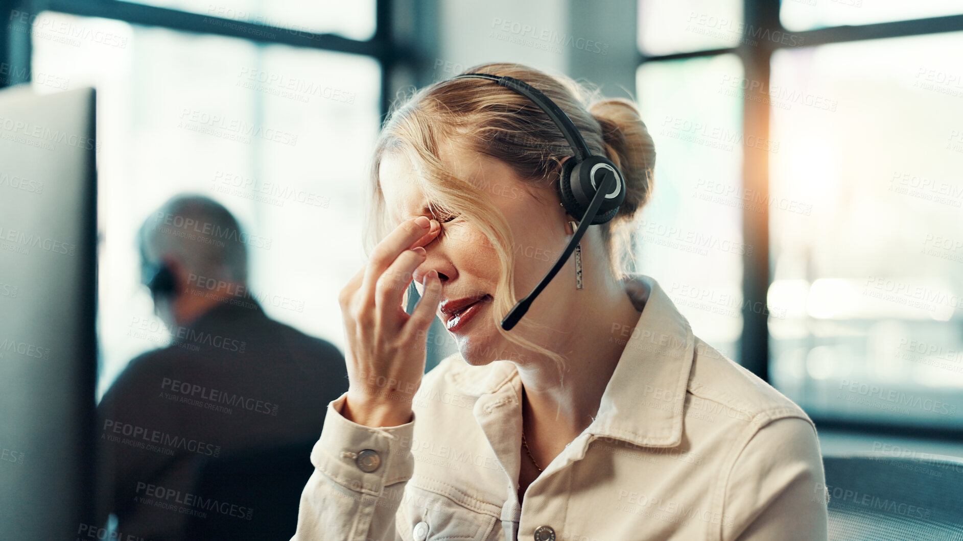 Buy stock photo Call center, headache and business woman with pain, fatigue and burnout with customer service complaint. Support agent, tired and consultant with migraine from overwork, mental health and stress
