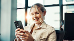 Phone, search and smile with business woman in office for networking, deal closure and client feedback. Communication, smile and connection with person in agency for chat, notification and contact