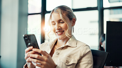 Buy stock photo Phone, search and smile with business woman in office for networking, deal closure and client feedback. Communication, happy and connection with person in agency for chat, notification and contact