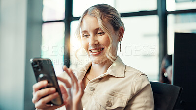 Buy stock photo Phone, email and smile with business woman in office for networking, deal closure and client feedback. Communication, search and connection with person in agency for chat, notification and contact