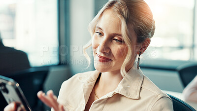 Buy stock photo Phone, typing and online with business woman in office for networking, deal closure and client feedback. Communication, search and connection with person in agency for chat, notification and contact