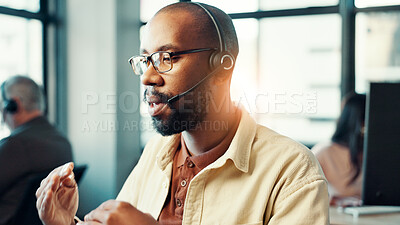Buy stock photo Customer service, man and talking with microphone at call center for product advice, discussion and help desk. Consultant, employee and headset for inbound query, online assistance and communication