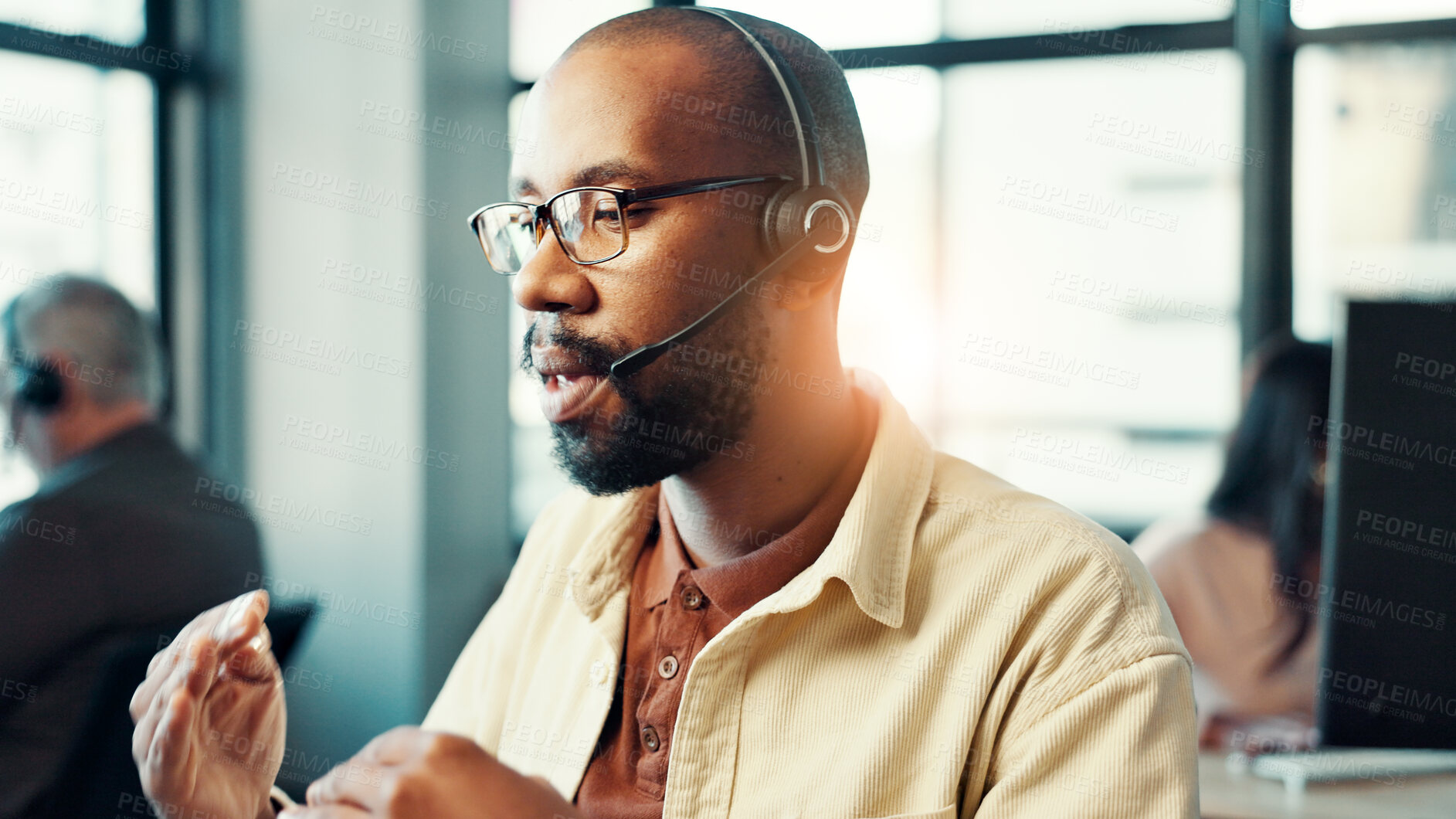 Buy stock photo Customer service, man and talking with microphone at call center for product advice, discussion and help desk. Consultant, employee and headset for inbound query, online assistance and communication