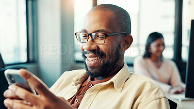 Buy stock photo Phone, online and smile with business man in office for networking, deal closure and client feedback. Communication, search and connection with person in agency for chat, notification and contact