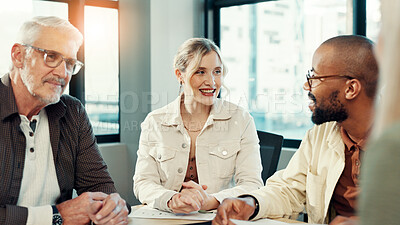 Buy stock photo Discussion, teamwork or happy people in meeting for presentation, project or social media specialist. Review, colleagues or group collaboration for ad campaign with technology, online seo or business