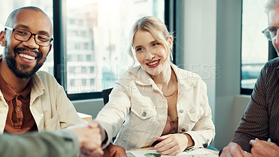 Buy stock photo Discussion, teamwork and people in meeting with handshake, project and social media specialist. Shaking hands, hiring and collaboration for ad campaign with smile, marketing director and business