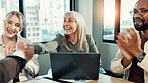 Woman, shaking hands and team with applause in office with deal, goals and support for agreement at startup. Business people, cheers and success with b2b collaboration, smile and meeting in boardroom