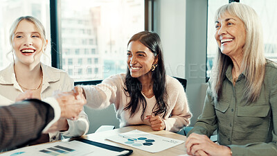 Buy stock photo Charts, teamwork or people in meeting with handshake, project or social media specialist. Shaking hands, hiring seo analyst or paperwork for ad campaign with smile, marketing director or business